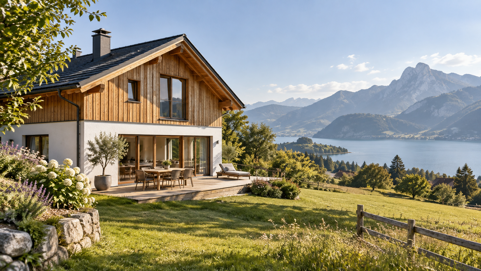 Ferienhaus mit Wiese und Blick in eine österreichische Seenlandschaft