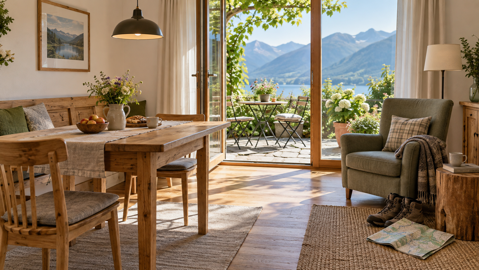 Heller Wohn- und Essraum einer Ferienwohnung mit Terrasse
